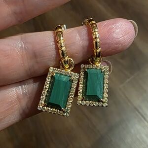 F+H Earrings 18k Goldplated Emerald Aventurine Cased Reqtangel Diamond Frame New